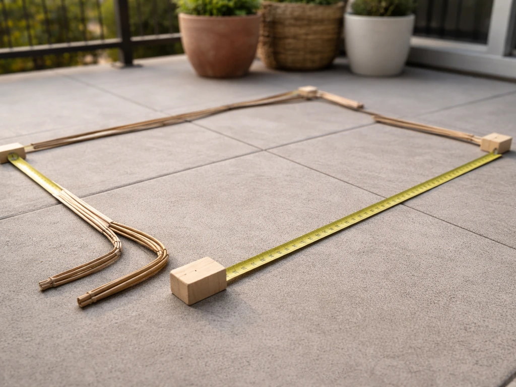 Measuring tape laid across a patio floor with spacing markers showing furniture sizing before purchase.