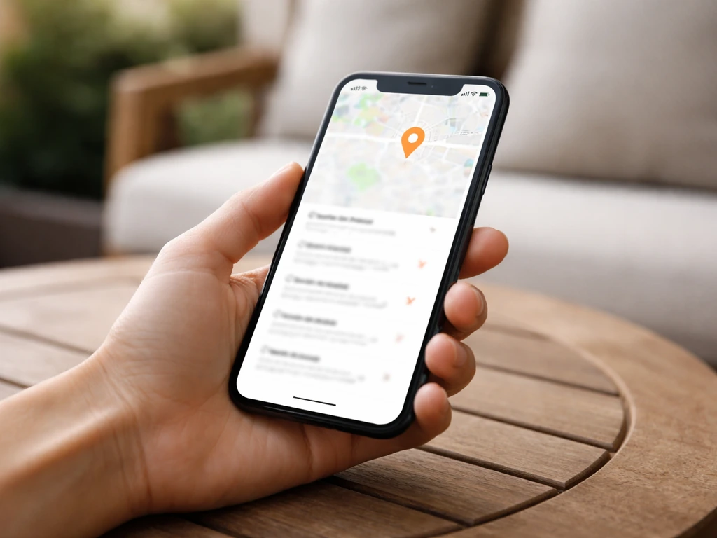 Hand holding a smartphone with a blurred dealer-finder map/list indicating nearby authorized furniture showrooms