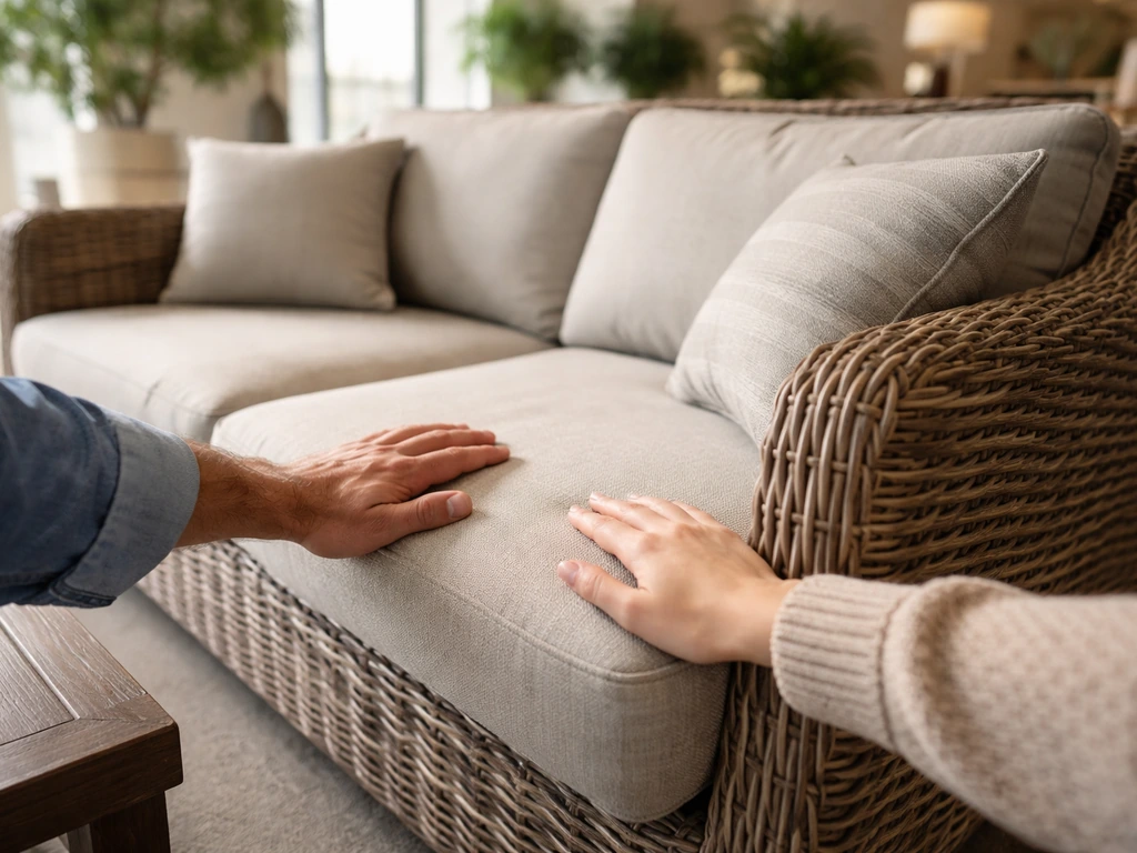Shoppers in an authorized patio furniture showroom viewing a Hanamint-style outdoor set up close