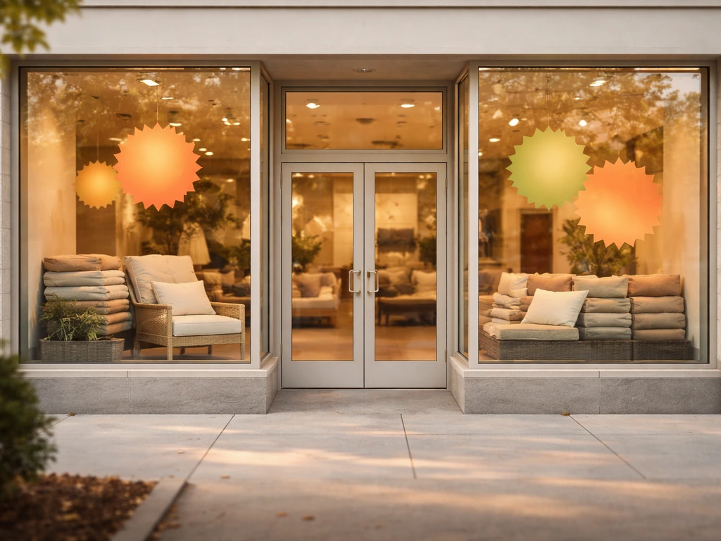 Minimal outdoor furniture showroom storefront with window display suggesting a closeout sale window.