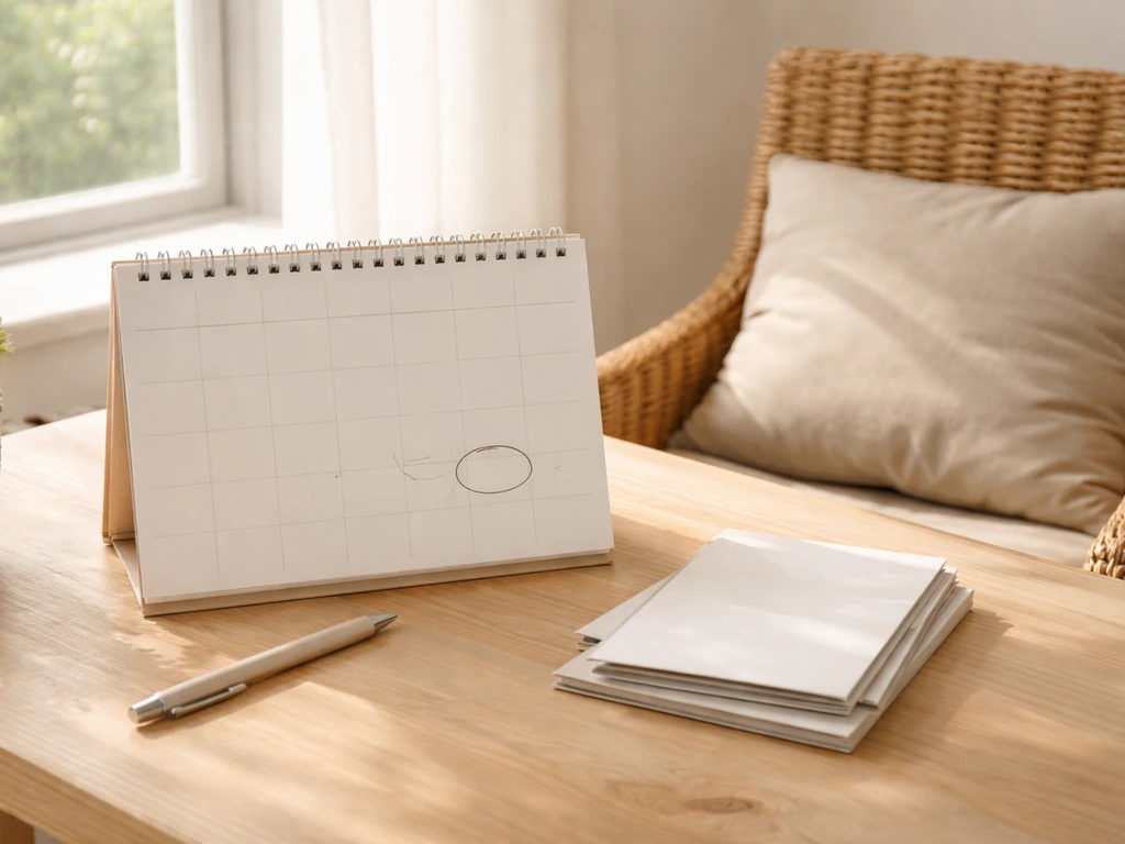 Open blank desk calendar beside a patio cushion, suggesting Labor Day timing 5–10 days before.