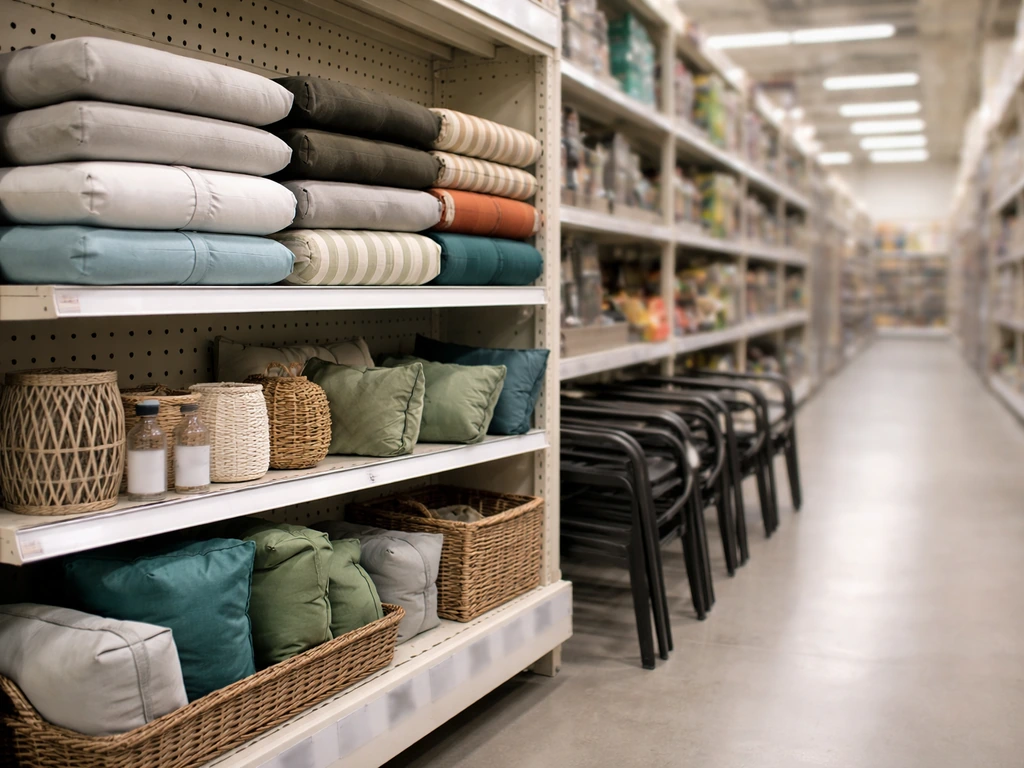 Home improvement store aisle with a patio furniture end-cap display, softly blurred price tag area, no readable text.