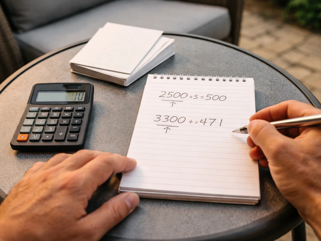 Hands doing simple price-per-piece math on patio furniture listings with a calculator and paper.
