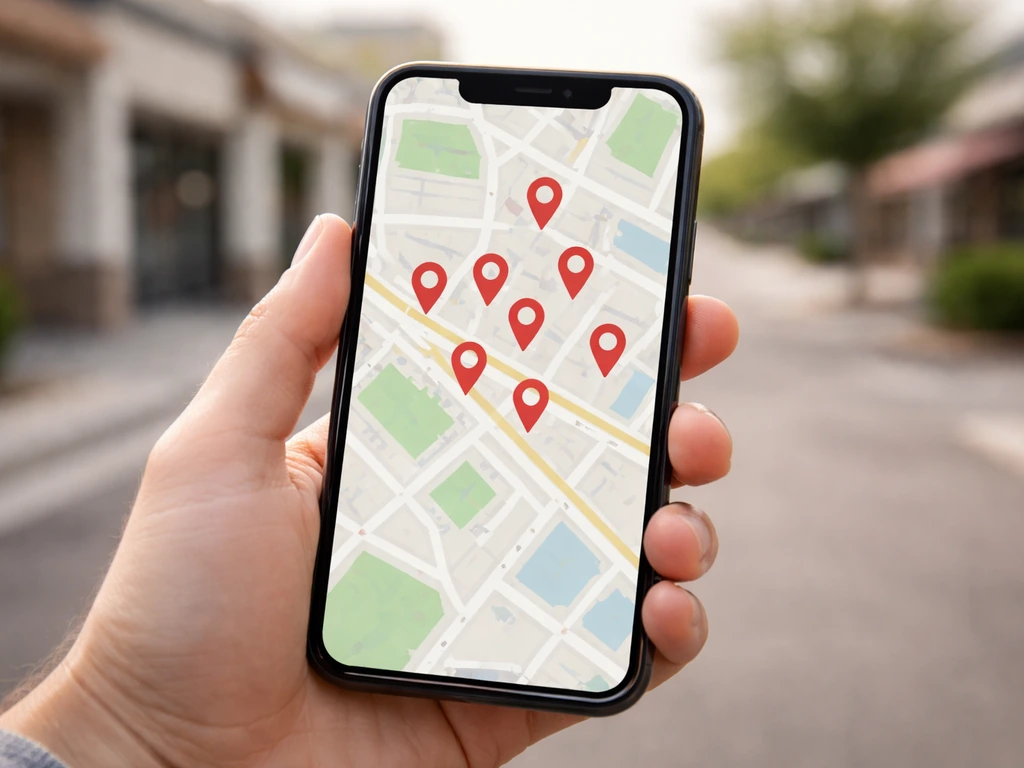 Smartphone displaying a nearby store map with multiple location pins for backup options