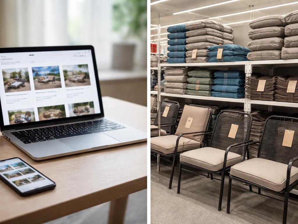 Laptop with patio sale filters beside a quiet store patio furniture clearance display.