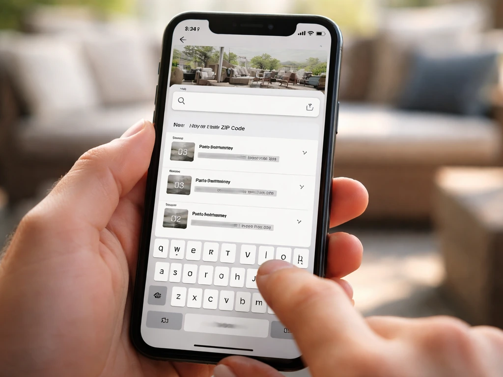 Close-up of a smartphone showing a store-location filter entry and nearby patio furniture availability.
