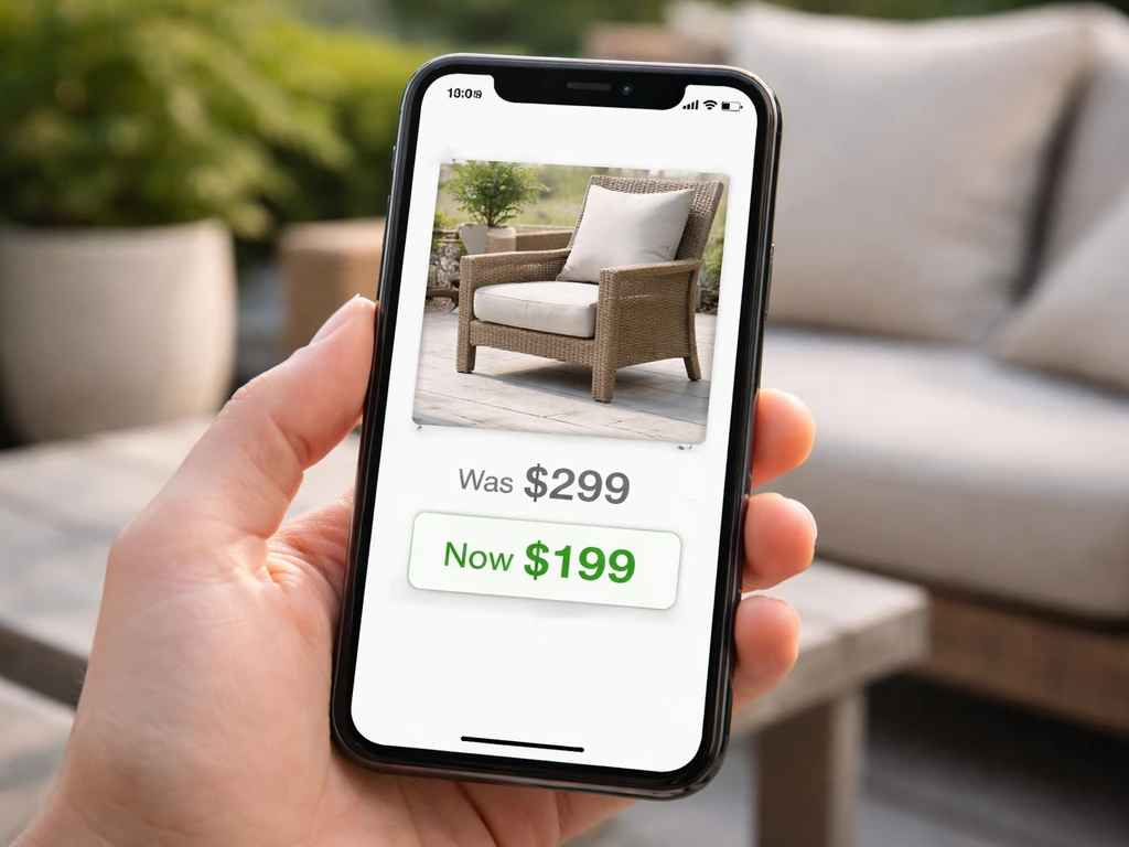 Close-up of a smartphone screen showing a realistic was/now price comparison for patio furniture