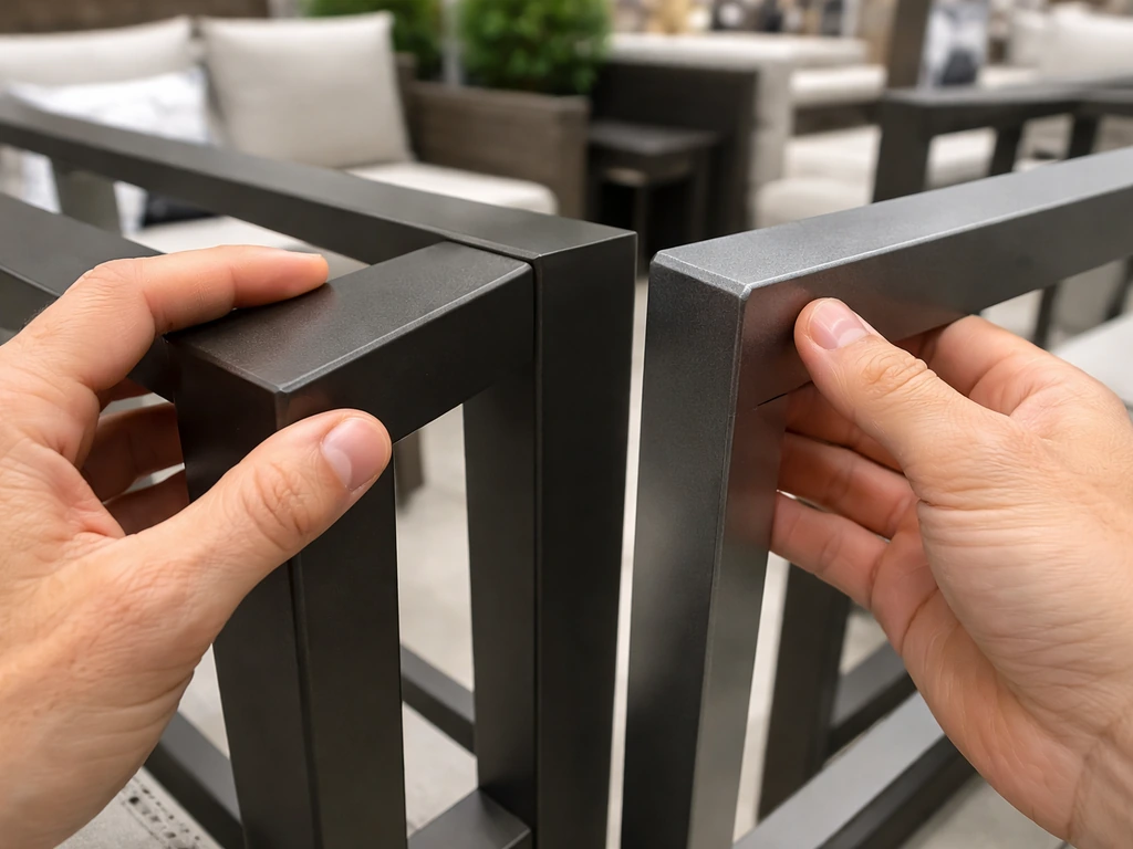 Close-up of hands inspecting patio furniture frame finish and aluminum material in a store aisle.