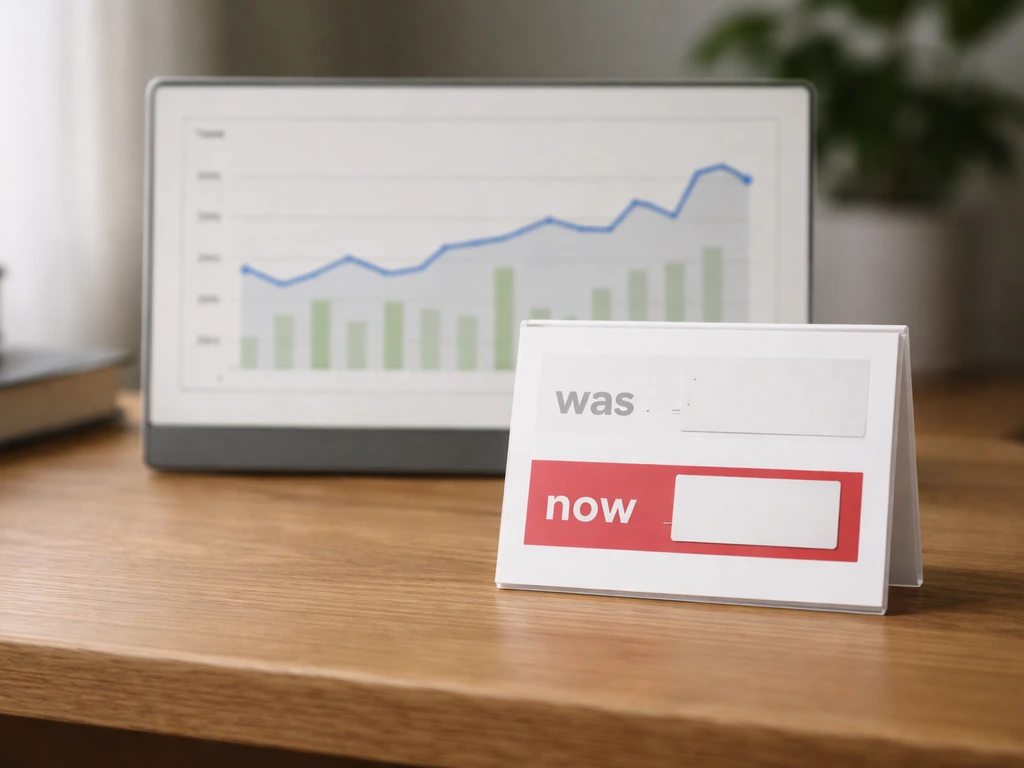 Minimal tabletop scene showing a generic price history graph next to a was/now discount block.