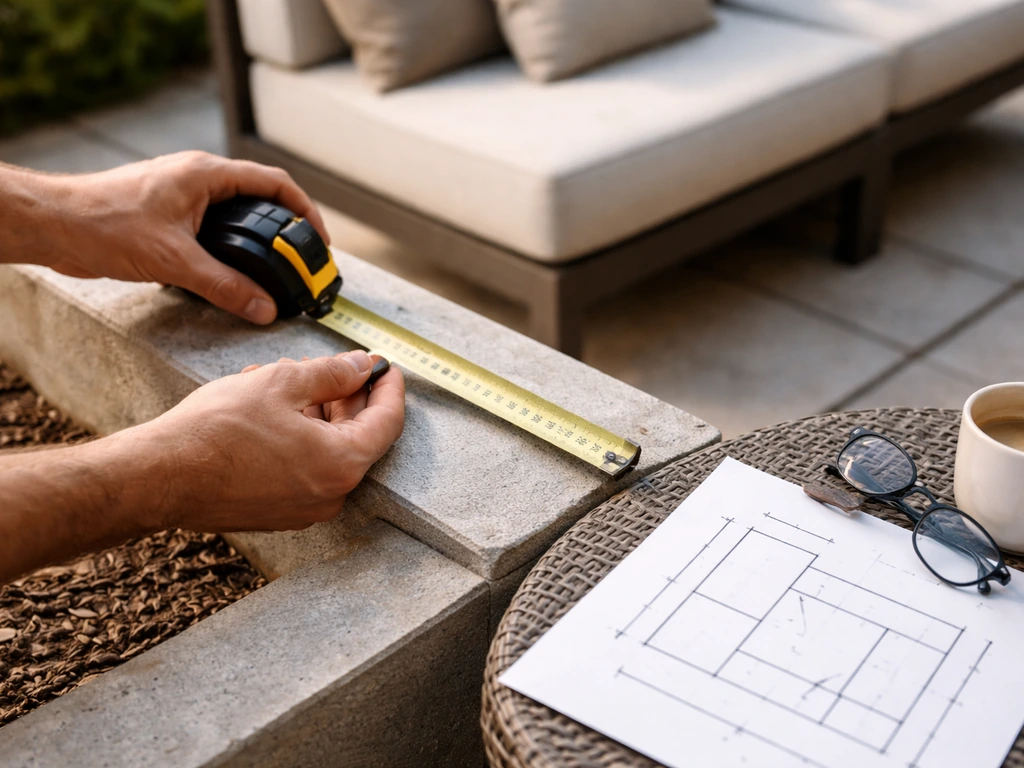 Person measuring a patio with a tape measure beside a simple floor plan for seating dimensions