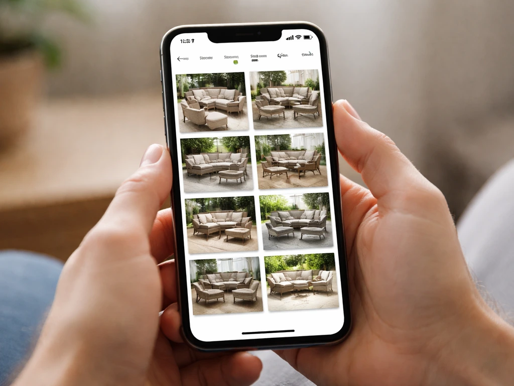 Hands holding a smartphone showing patio furniture filters and a product grid on an online retailer.