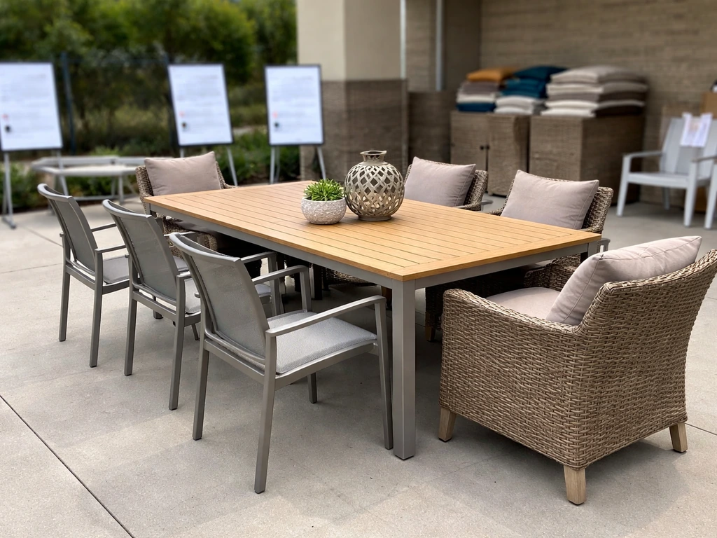 Warehouse-style outdoor patio display with a premium teak-and-wicker set and membership placards