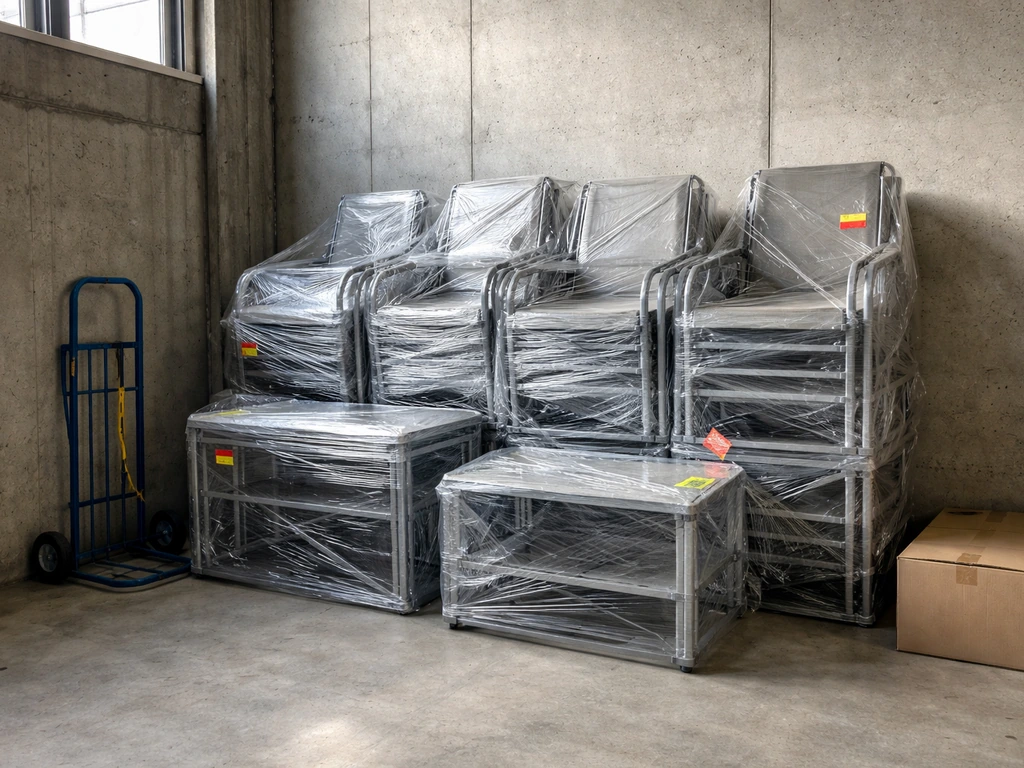 Clearance warehouse with stacked patio furniture and generic clearance stickers on plastic wrap.