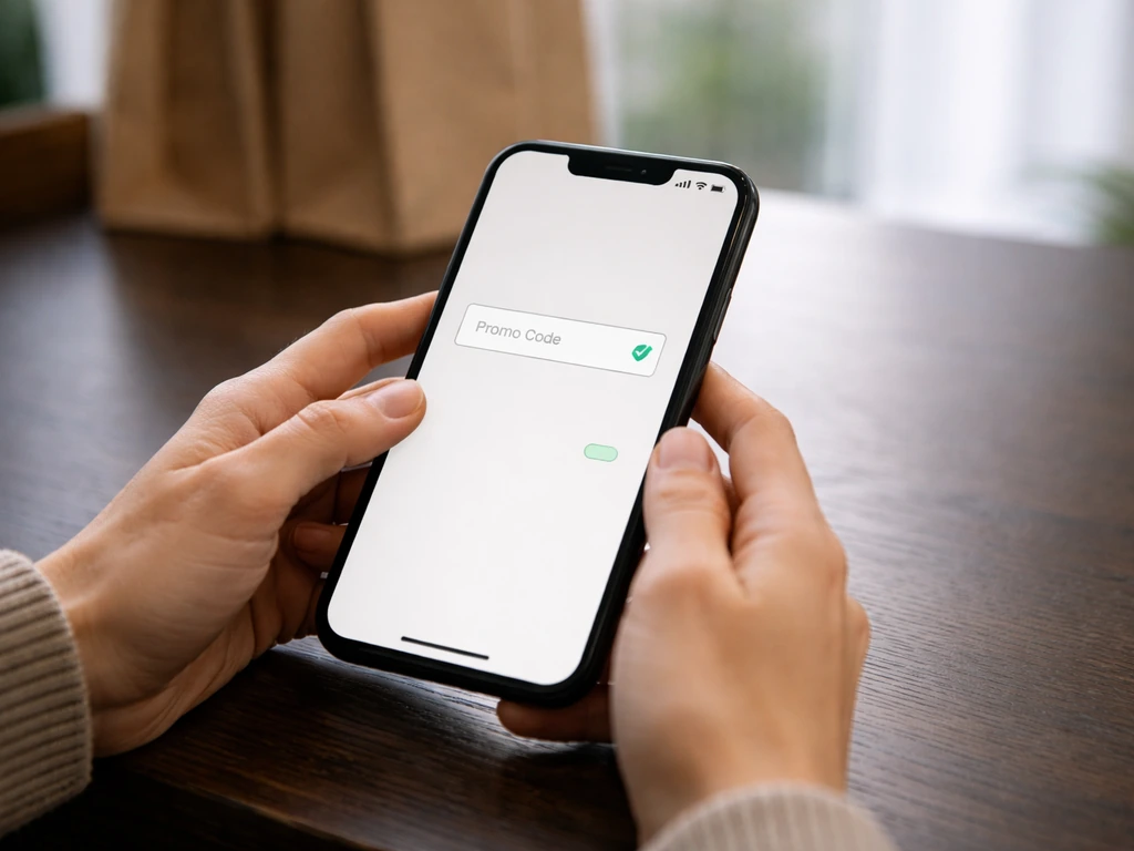 Minimal checkout scene with a promo code field and a visible eligibility status indicator.