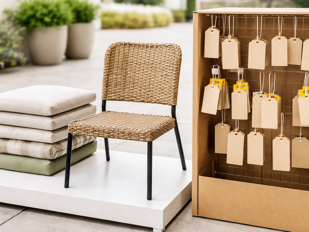 Outdoor patio chair next to hanging clearance tags on a simple display, implying Target deal hunting.