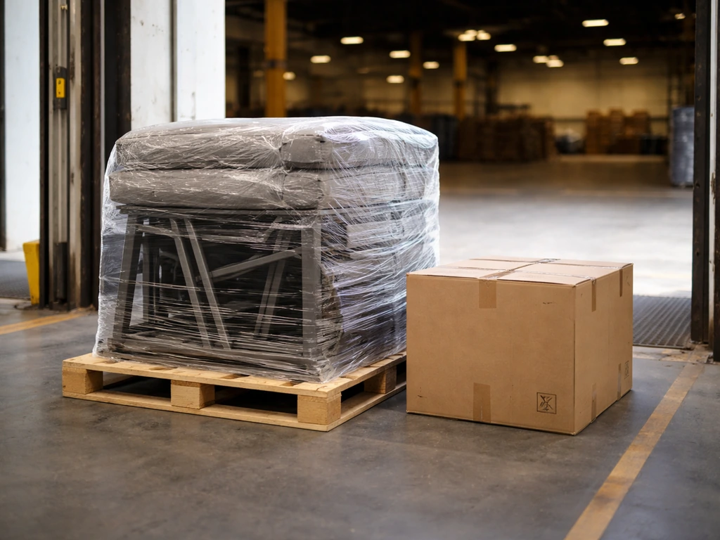 A wrapped pallet with bulky patio furniture components in a warehouse shipping dock area