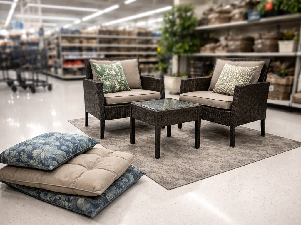 Walmart store aisle with budget patio furniture displays, closeup of outdoor seating and cushions.