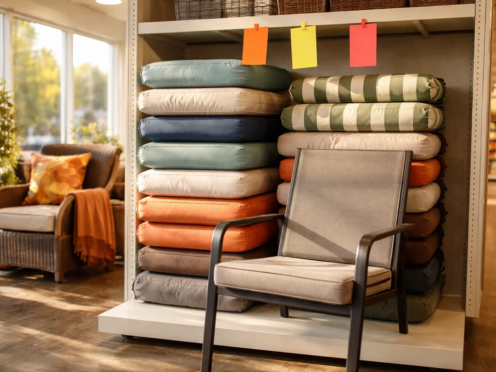 Empty patio furniture clearance area in a store with outdoor-season items on sale during late summer.