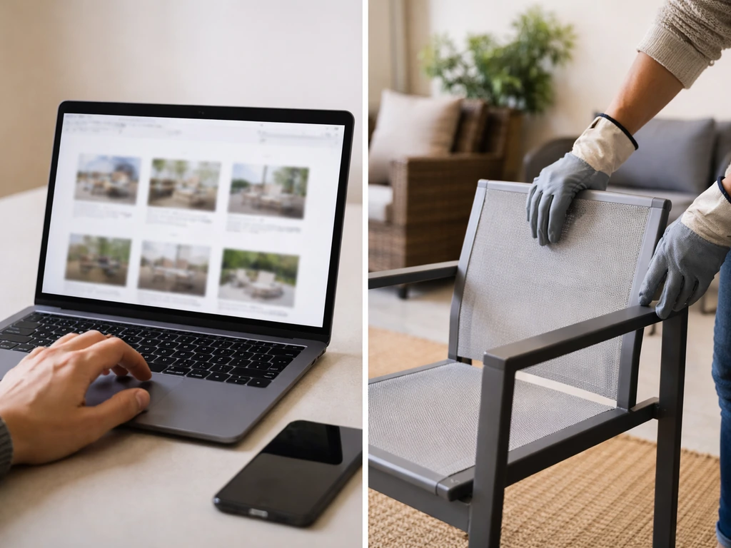 Split view: online outdoor furniture browsing on a laptop vs hands inspecting a patio chair in person.