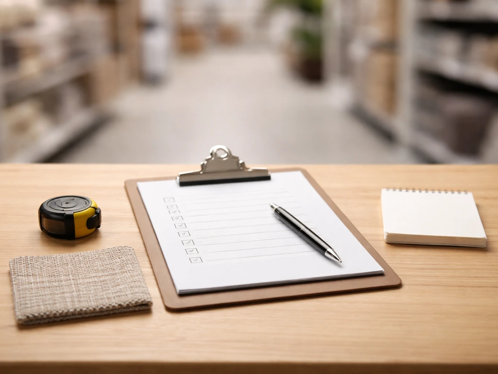 Clipboard checklist beside measuring tape and patio fabric swatch on a simple table.