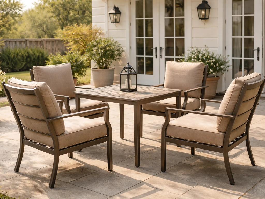 Outdoor patio dining set with cushioned chairs in warm natural light, no people or signage.