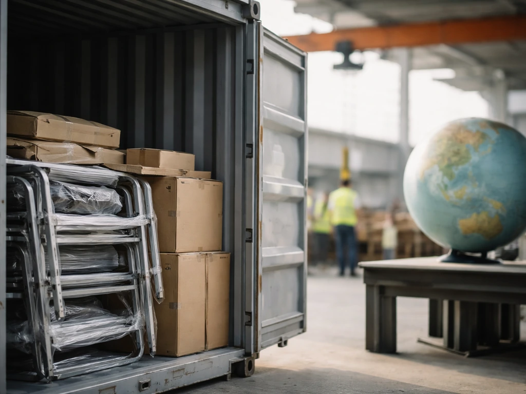 Minimal factory scene with a subtle globe hint suggesting patio furniture made in China