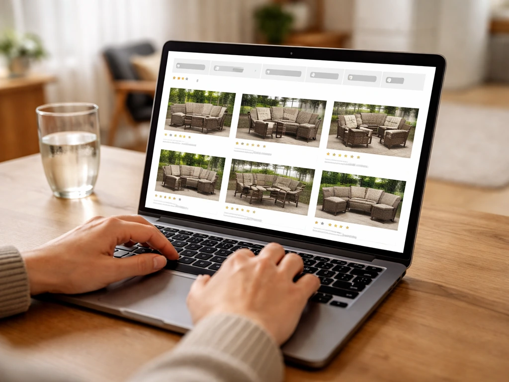 Hands browsing a patio furniture category on a laptop with product tiles and filter options.