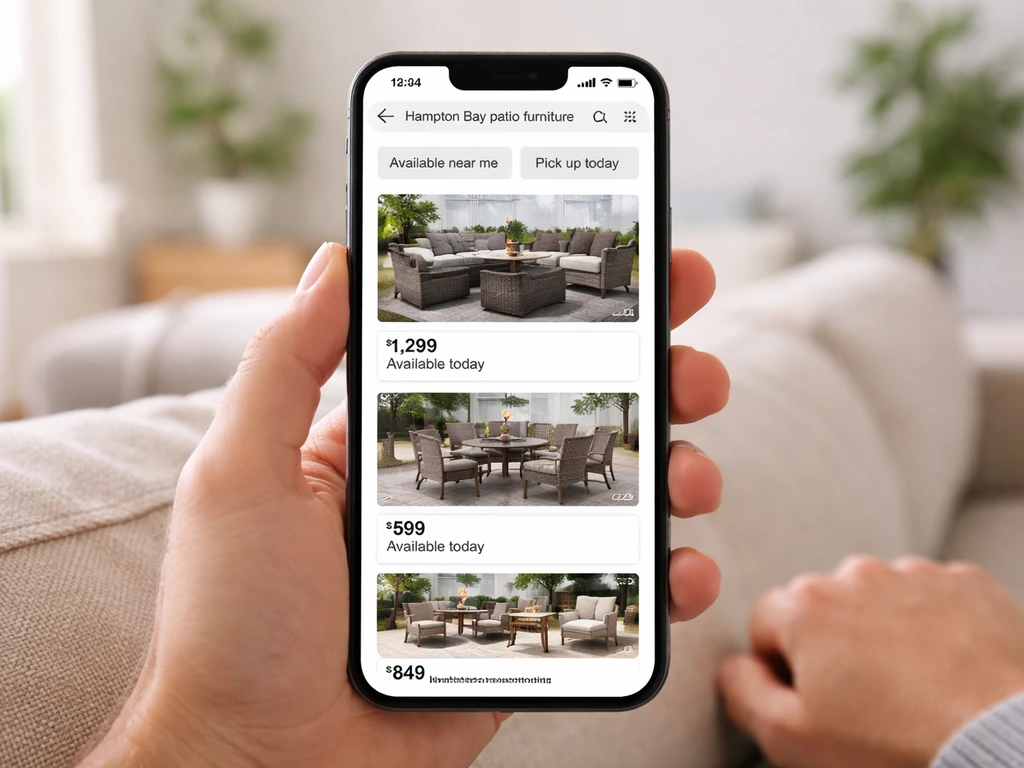 Hand holding a smartphone showing near-me pickup availability for Hampton Bay patio furniture search.