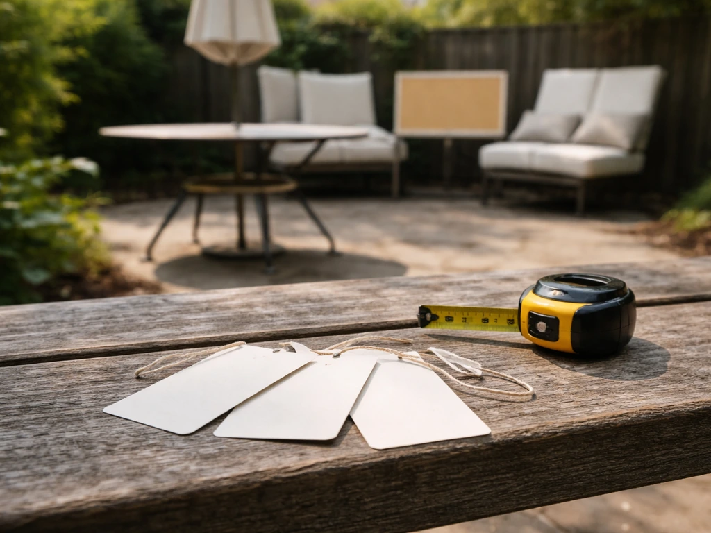 Sunlit patio with clearance-style signage and a few price tags near outdoor furniture, simple deal comparison concept.