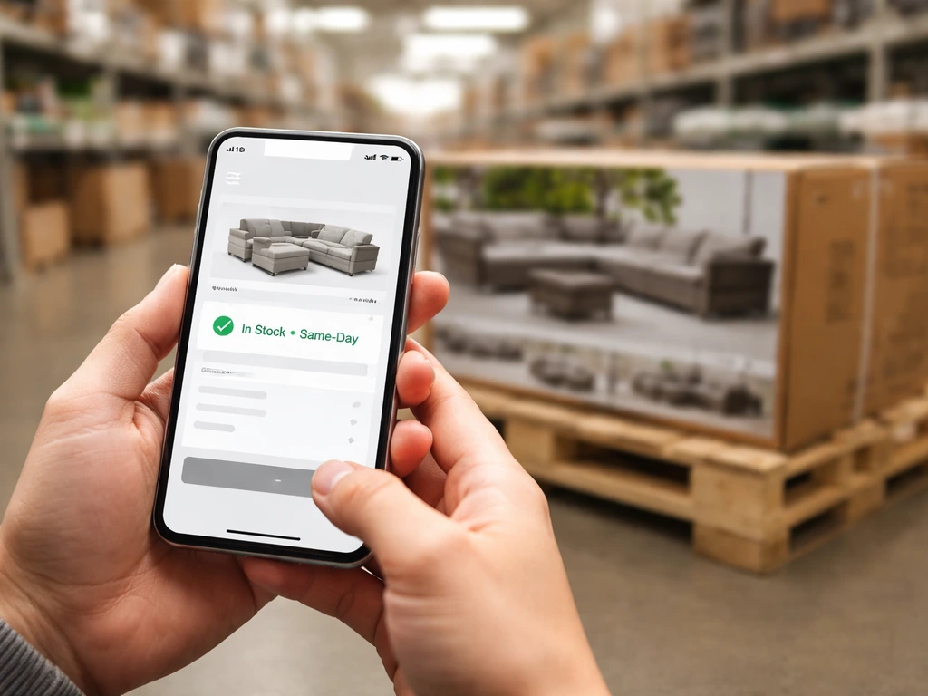 Hands holding a smartphone showing in-stock and same-day pickup status next to a patio furniture box