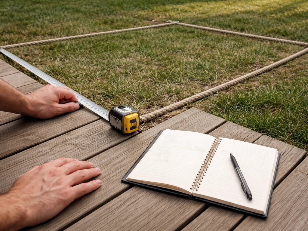 Measuring tape and open notebook as someone measures patio space for a dining set footprint.