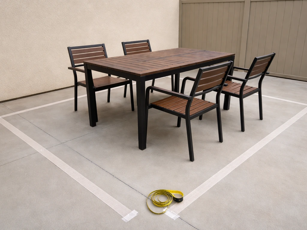 Outdoor dining set with chairs pulled out and a transparent tape-line rectangle showing clearance space.