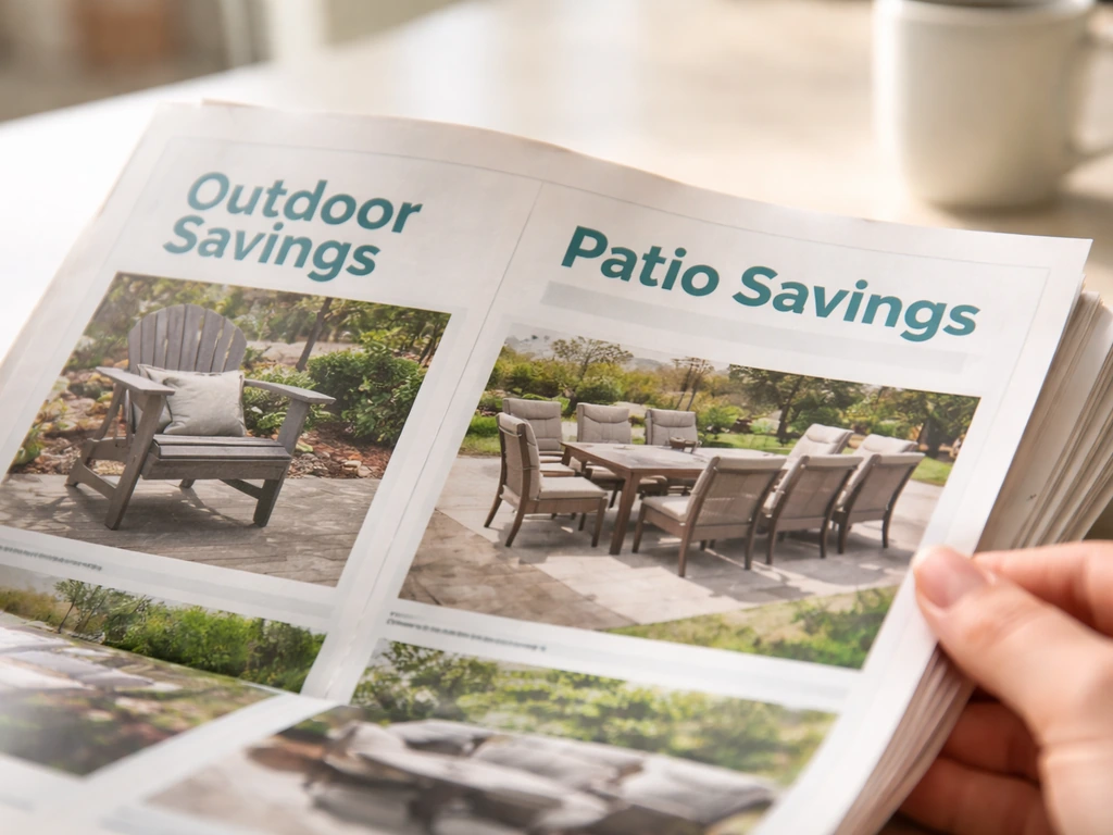 Open monthly Costco Savings Book on a table, showing an outdoor/patio instant savings coupon spread.