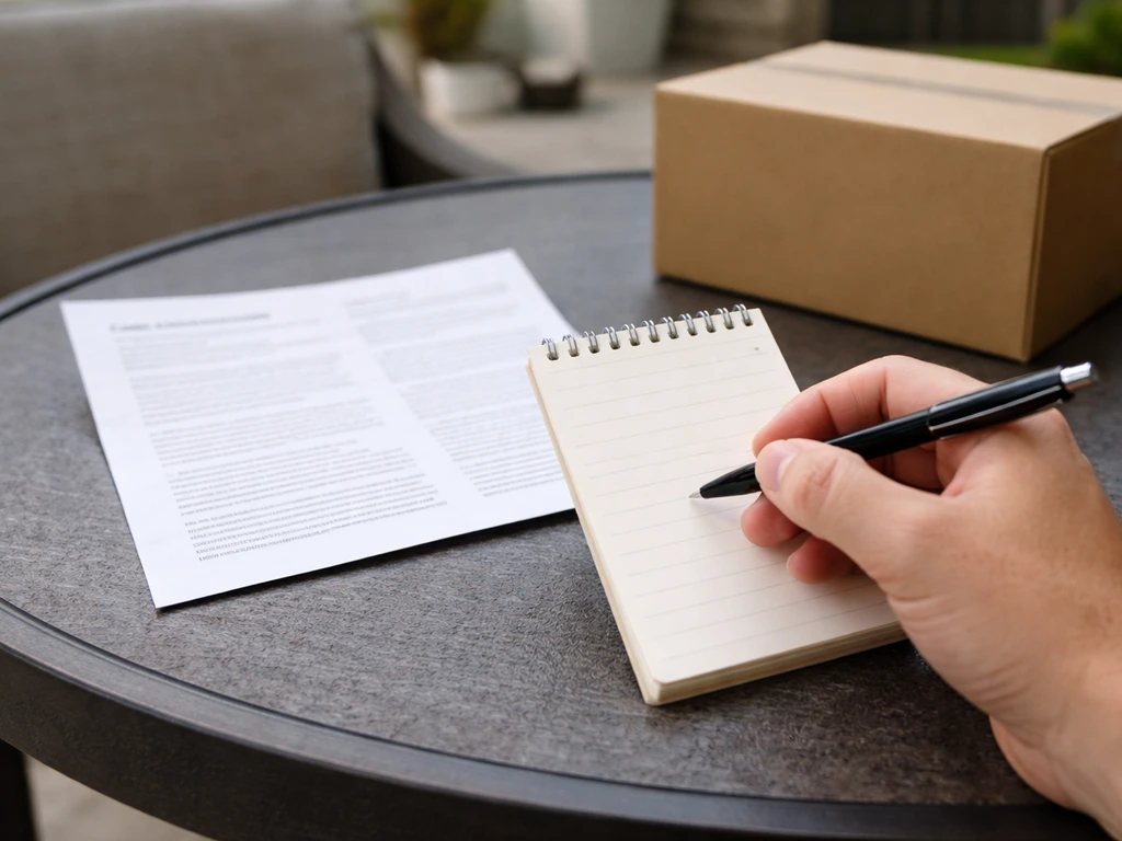 Hand holding a small notepad reviewing fine print for Costco patio furniture promo terms