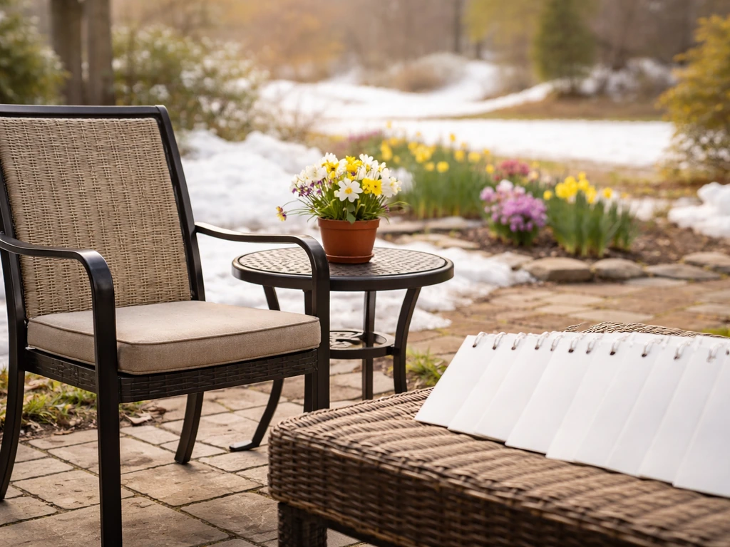 Blank calendar pages fanned out beside patio furniture, hinting at best seasonal timing to buy.