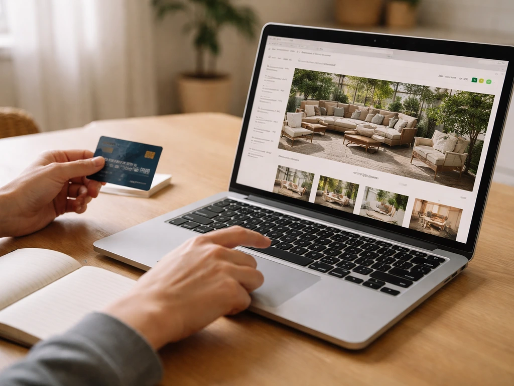 Anonymous hands on a laptop and phone searching for the lowest price on patio furniture online.