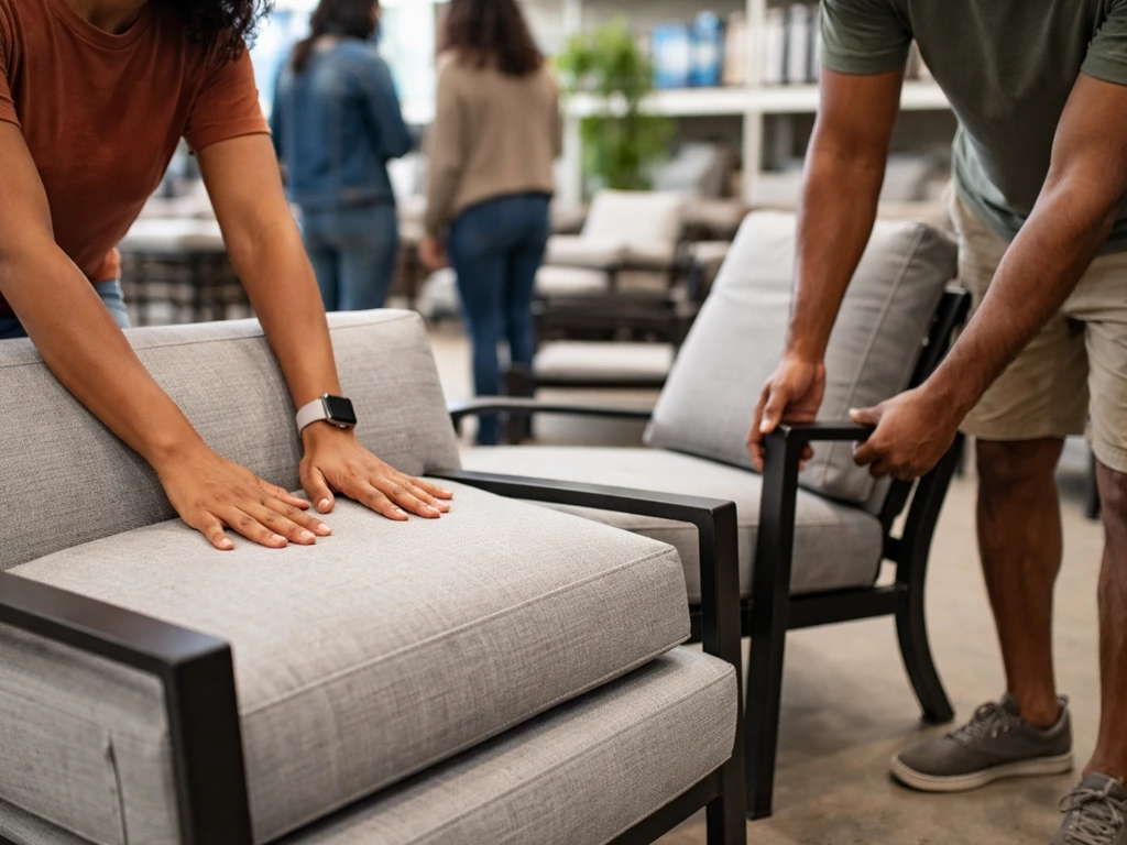 Customers in a home improvement store patio section touch and compare thick-cushion chairs.