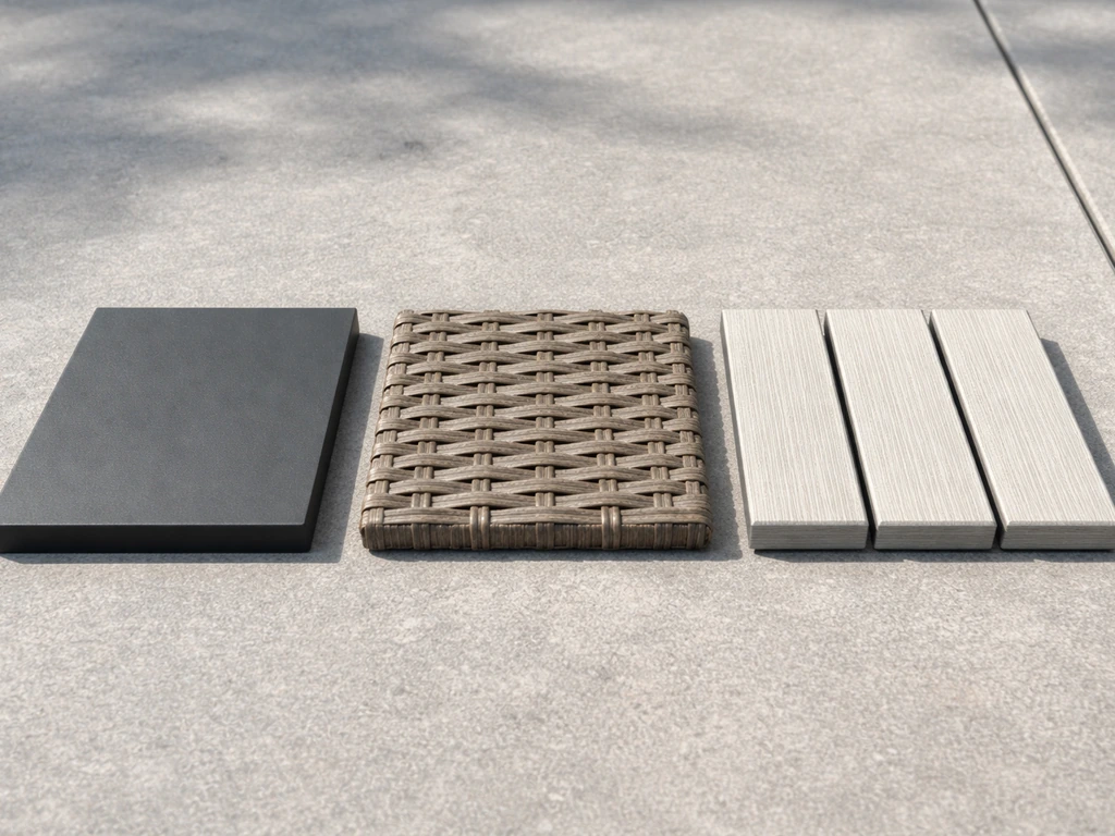 Three outdoor furniture material samples: powder-coated aluminum, resin wicker, and weather-resistant slats