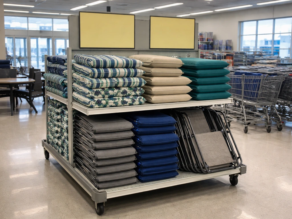 Retail end-cap with patio furniture and cushions on clearance, showing deal-shopping outdoor items.