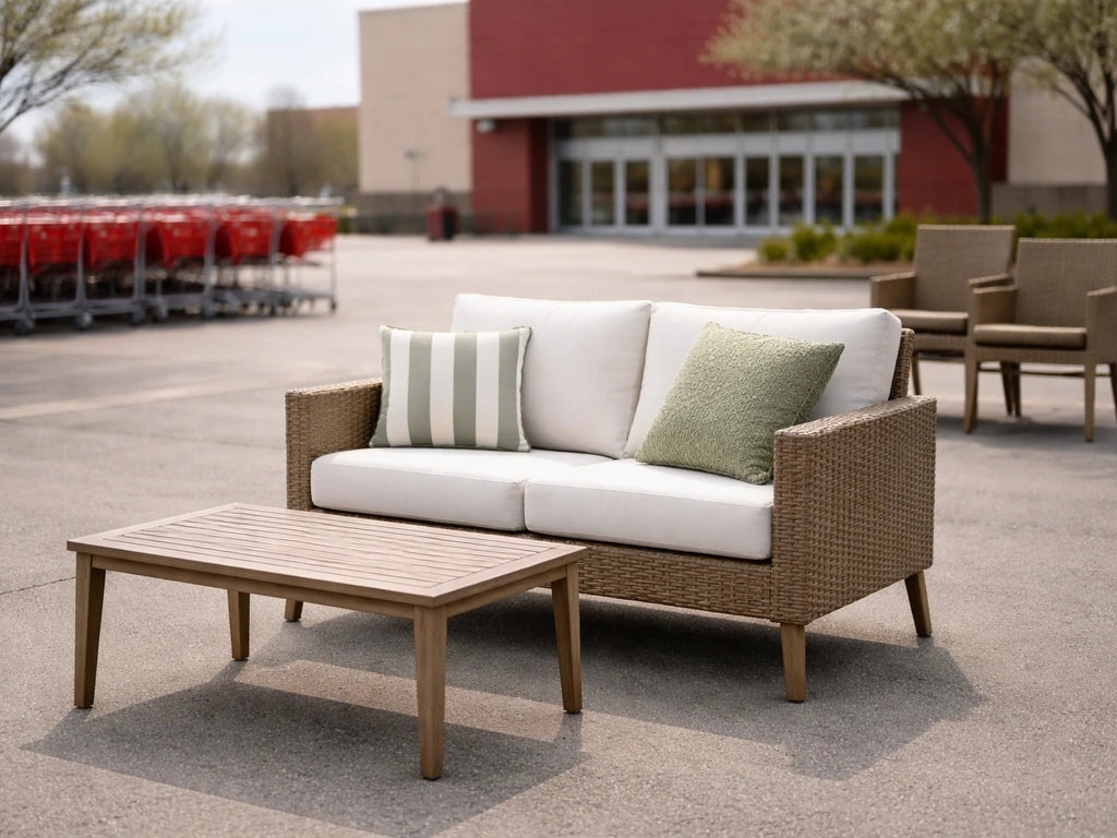 Outdoor patio furniture set on display in a Target parking lot during March–April, no sale signage.