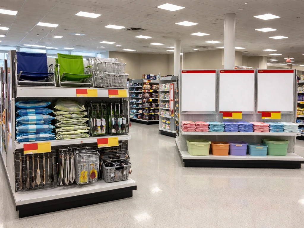Minimal retail patio display near entrance with rotated summer items and blank discount placards.