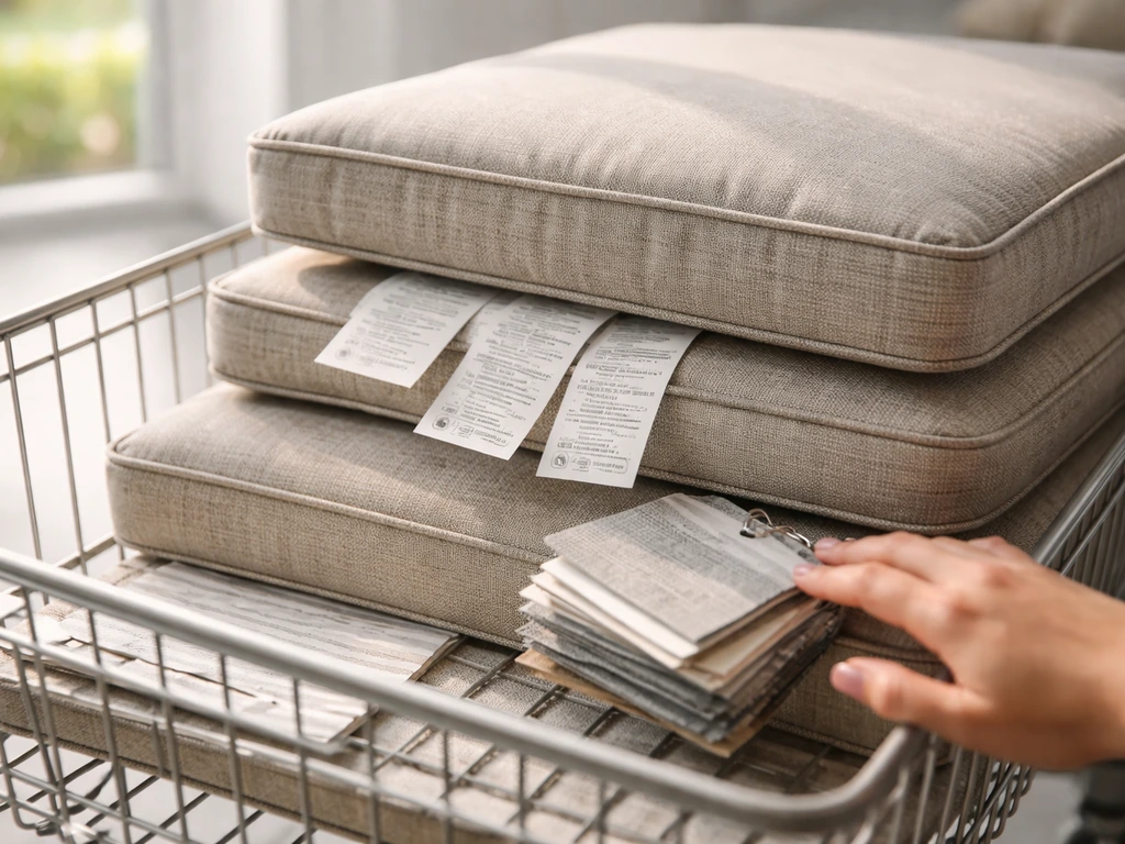 Close-up of patio cushions with fabric tags and material label cards on a shopping cart to verify details.