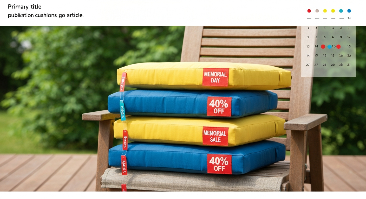 Stack of outdoor patio cushions with sale tags and a small calendar overlay indicating sale months.