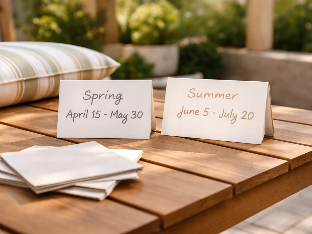 Outdoor patio table with two simple date cards suggesting spring and summer patio sale windows.
