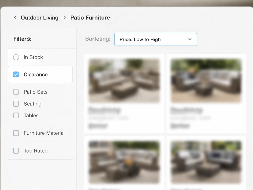 Mock online filters and price sorting for patio furniture with “Clearance” selected.