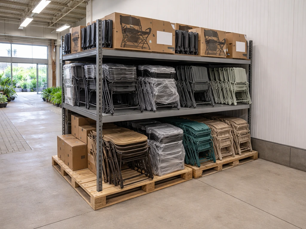 Clearance patio sets on an endcap in a garden center aisle, with visible price tags and no people.