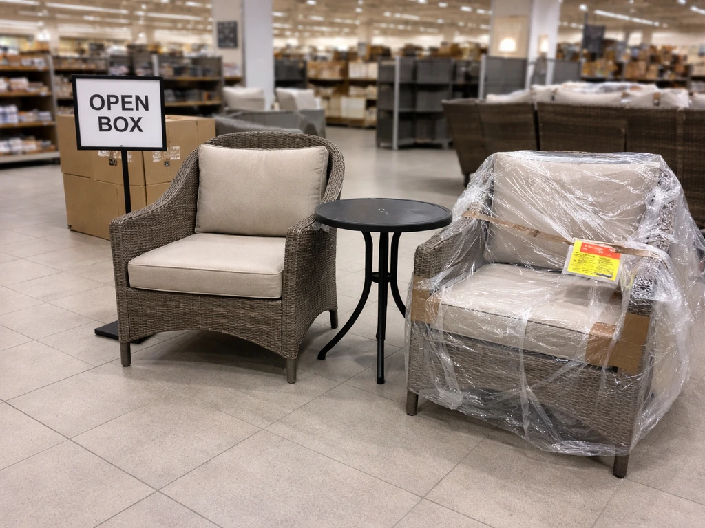 In-store open-box patio furniture display with discount sticker and covered items in a quiet aisle.