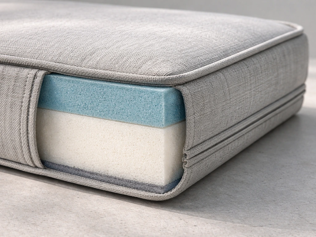 Close-up of an outdoor cushion showing woven acrylic fabric, dense foam layers, and a weatherproof seam edge.