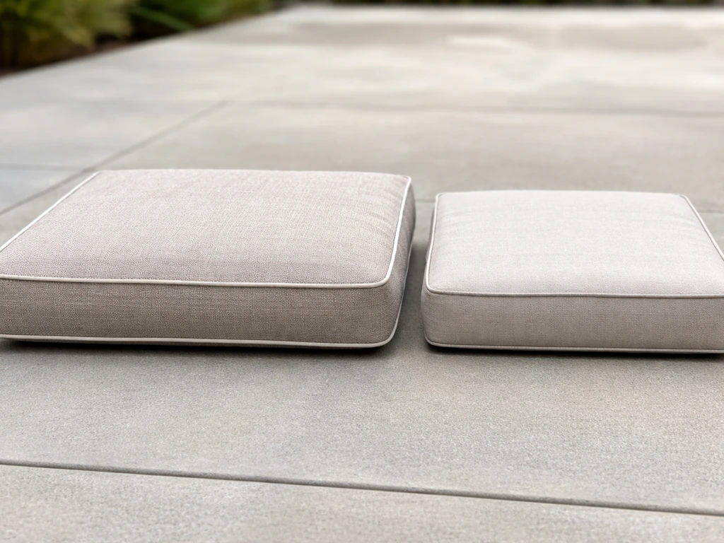 Two outdoor cushions side-by-side showing different sizes, fabric quality, and trim piping.