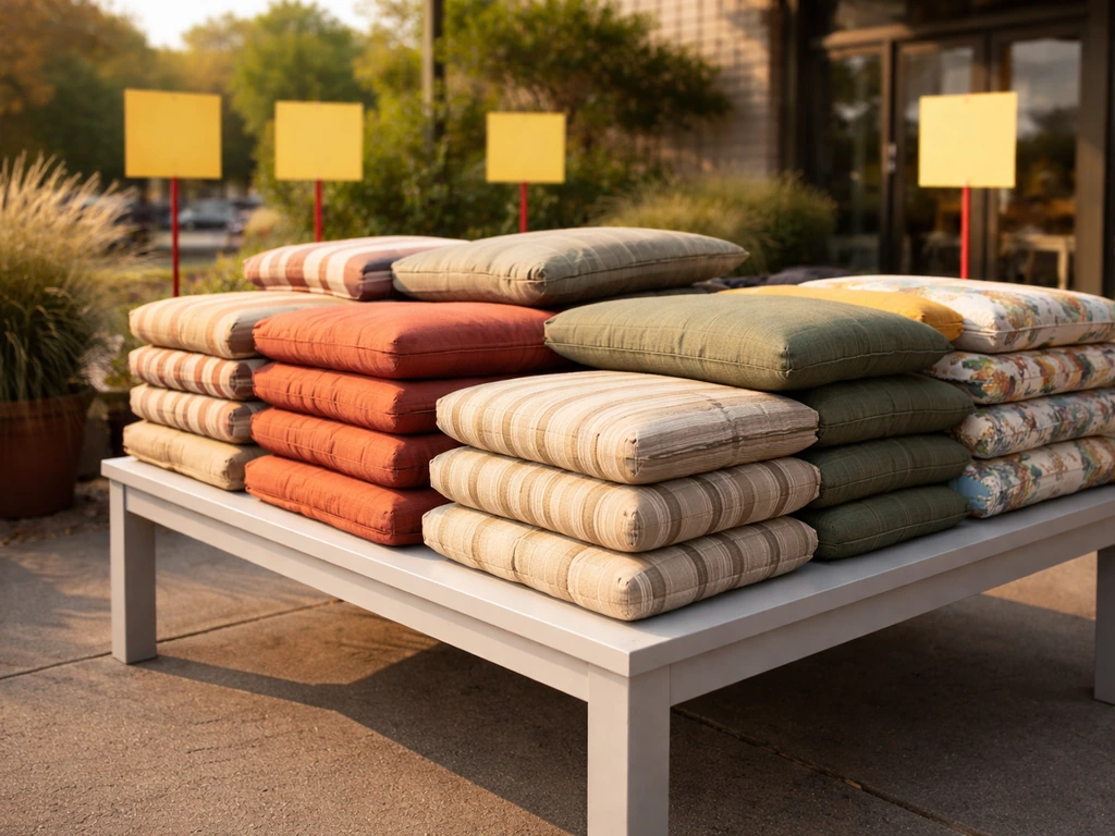 Clearance table of patio cushions in late-summer/early-fall seasonal discount display outdoors.